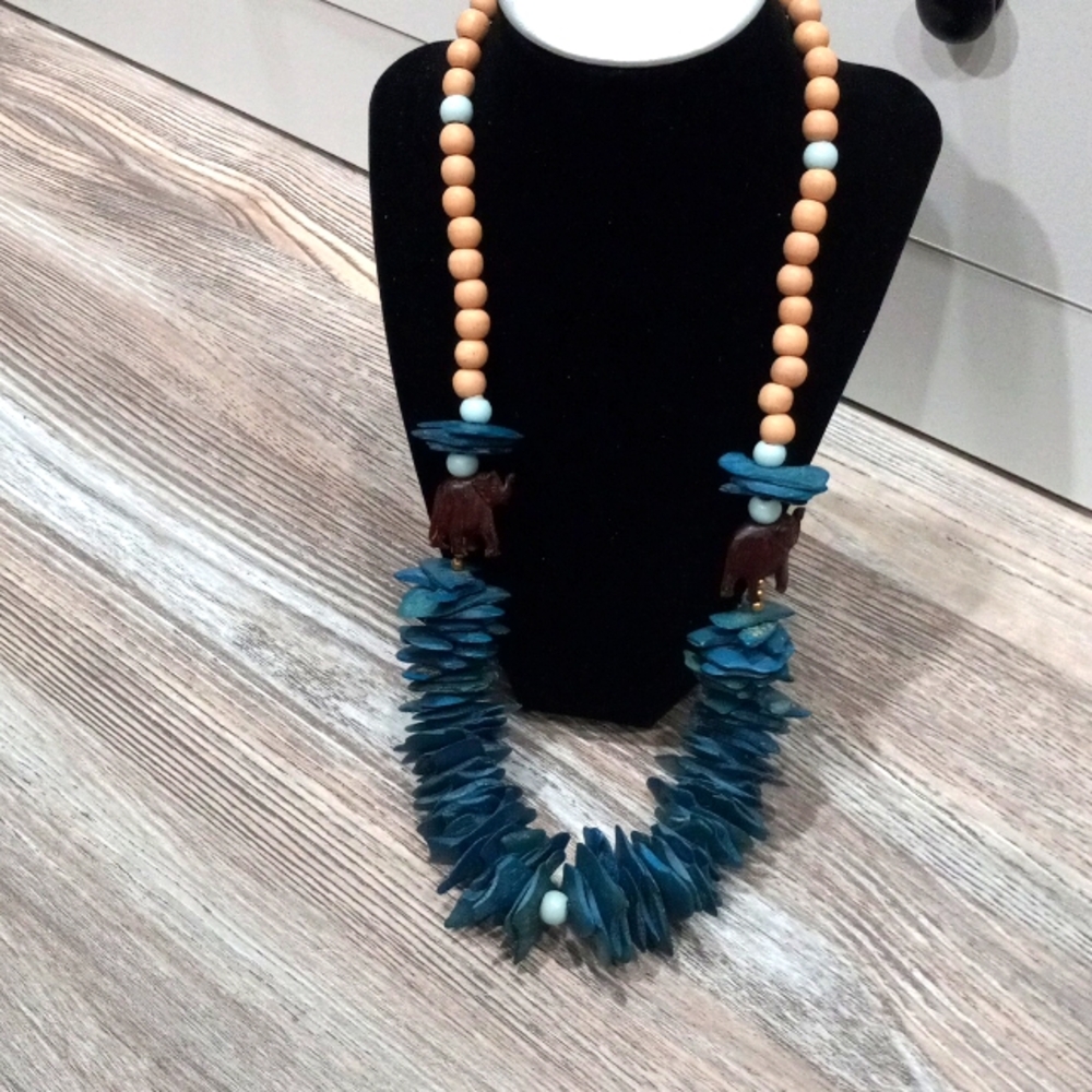 Vintage Handcrafted Bead Wooden Elephant Necklace Blue Color